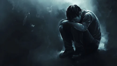 Digital painting portrays lonely boy curled in blue shadows.