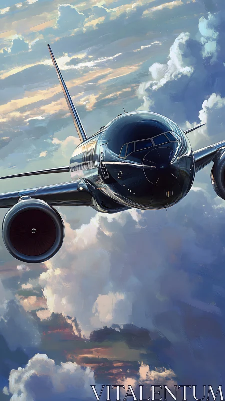 Midflight jetliner portrait in luminous sunset cloudscape.