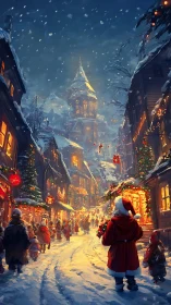 Snowlit village Christmas bustle under Santa’s gentle watch.