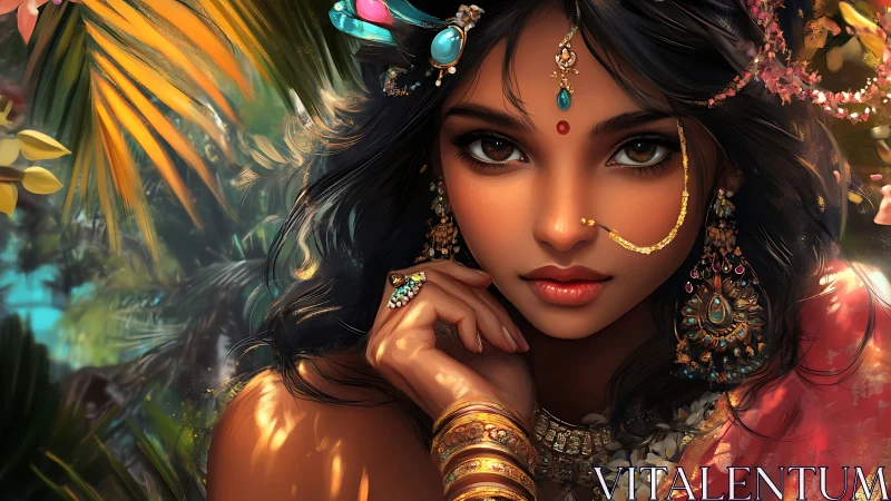 Digital portrait of jeweled woman in lush tropical garden.