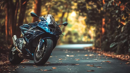 Sport motorcycle parked on sunlit forest road at dusk.