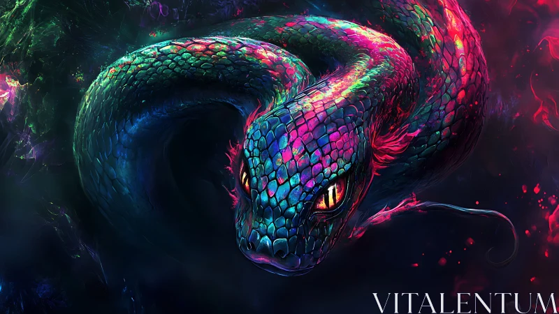 Neon serpent coils through cosmic ink and watches the void