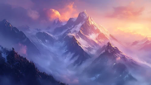 Sunrise carves amethyst fire across dreaming alpine crowns