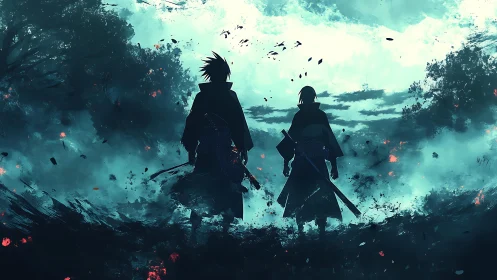 Stormlit sword brothers stride through embers and misted sky.