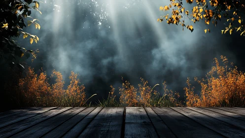 Sunbeams stage a quiet spotlight over misty forest blooms