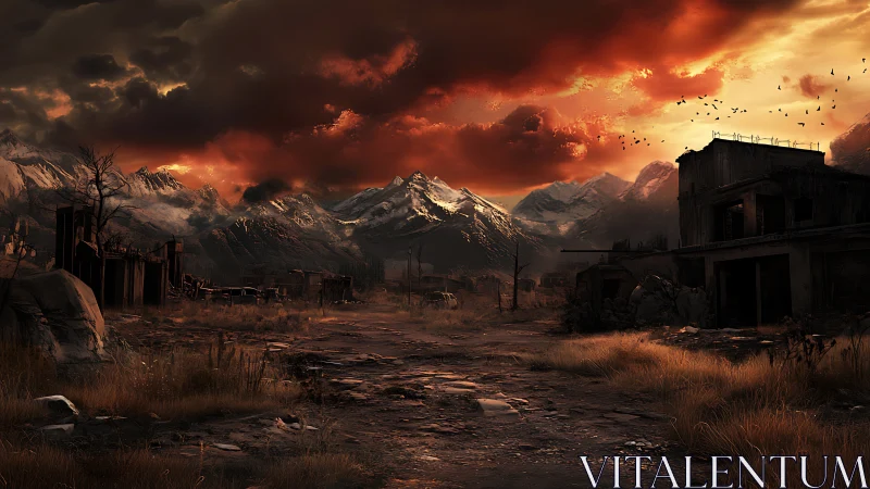 Stormlit ruins beneath glowing mountains at day&rsquo;s quiet end.