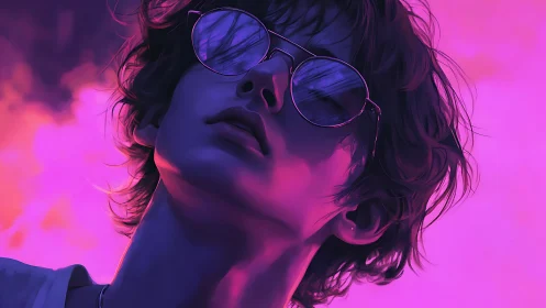Young person wearing sunglasses under intense neon lighting