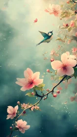 Small bird hovers near flowering branch against diffuse sky