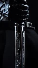 Midnight gauntlet tightens around a mirrored ceremonial blade