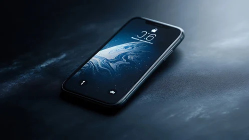 Modern smartphone displaying lock screen interface with abstract fluid blue gradient wallpaper and t