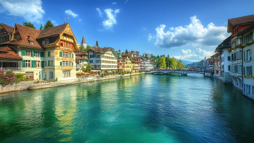 Sunlit riverside roofs glitter over turquoise Swiss waters.