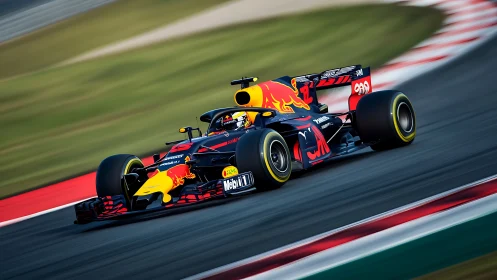 Scarlet torpedo F1 car knifes through a high-speed racetrack.