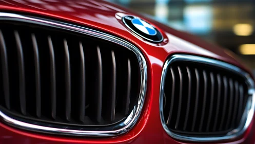 Close-up of Red BMW Car Grille with Glossy Finish in Modern Style.