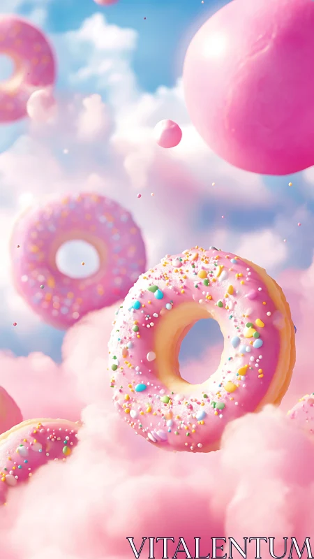Pink frosted donuts suspended among soft clouds in sky.