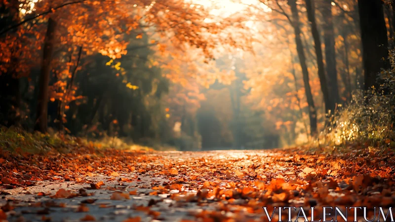 Tree-lined road covered with autumn foliage under diffused sunlight