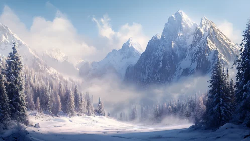 Gentle winter valley cradled by towering snowy peaks.