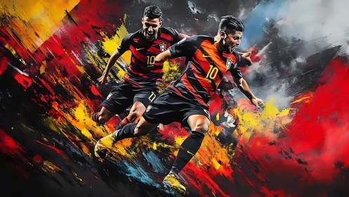 Dynamic football strikers surge through abstract color fields