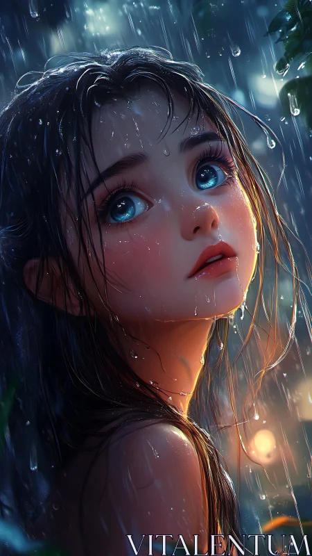 Digital portrait of girl in rain with wet hair and lighting.