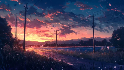 Sunlit rural roadway under saturated anime dusk sky.