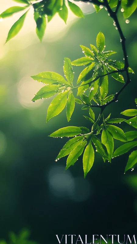 Morning raindrops turn maple leaves into glassy lanterns