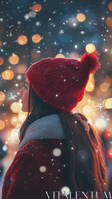 Young woman savoring gentle snowfall and soft winter lights.