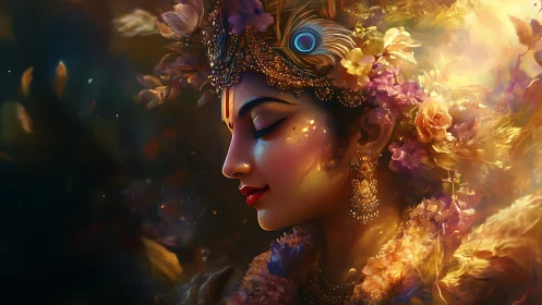 Profile portrait of floral adorned figure with headdress.