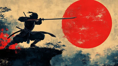 Silhouetted swordsman holds katana before large red sun