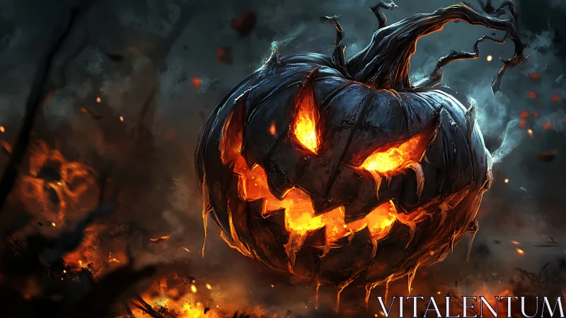 Burning jack o’lantern demon amid swirling night embers.