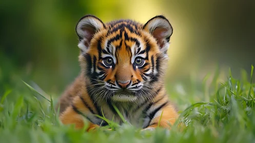 Tiger cub rests in lush grass under soft golden light.