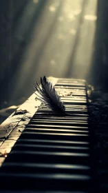 Photorealistic feather on abandoned piano keys in rim light.