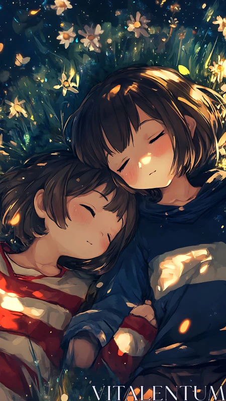 Anime nightscape portrait of sleeping siblings in meadow.