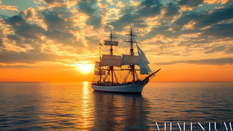 Sailing ship moves across calm sea under low evening sun