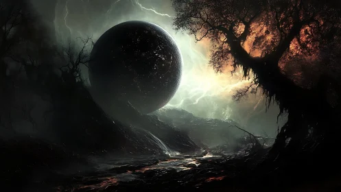 Astral singularity sphere suspended in stormlit wasteland