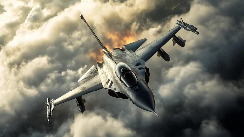 Modern jet fighter aircraft ascends through dense cloud layer