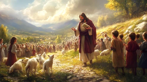 Religious teacher walking with crowd, children and livestock.