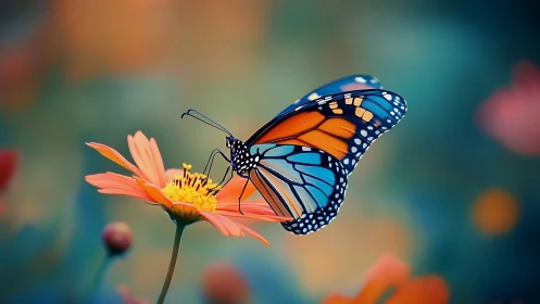 Jewel-winged butterfly sipping sunrise on coral blossom.