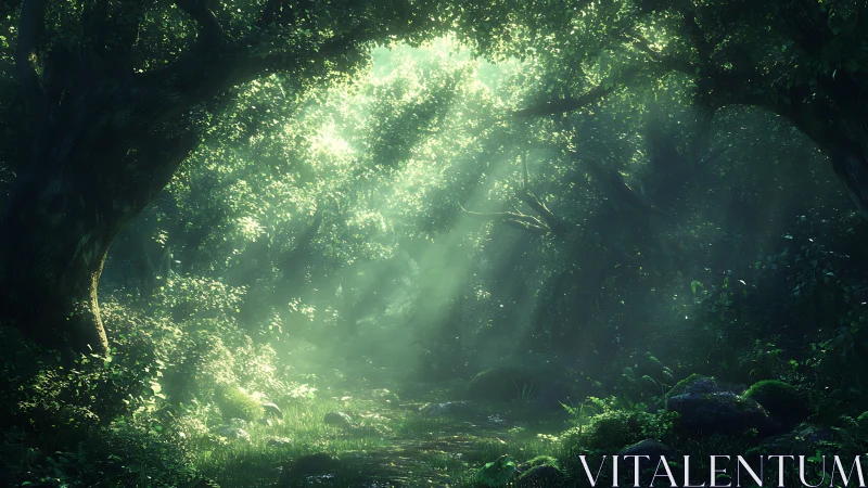 Enchanted forest canopy with radiant crepuscular light rays penetrating verdant foliage.