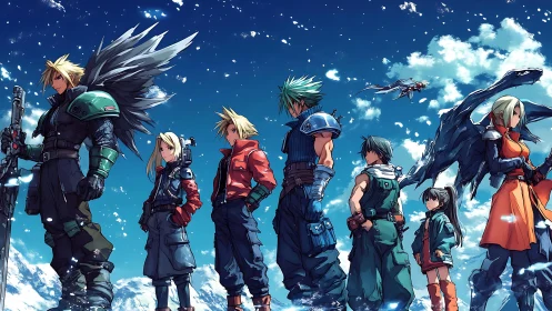 Anime hero lineup under vivid blue winter sky panorama.