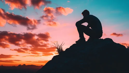 Silhouetted hiker pauses on rocky peak at glowing sunset sky