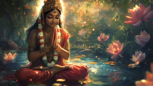 Divine goddess in lotus pond meditative pose, garlands, warm bokeh