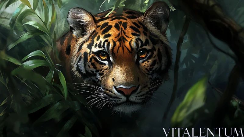 Tiger emerges through dense jungle foliage under dappled light