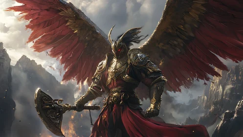 Winged warlord in baroque armor with infernal battle axe.