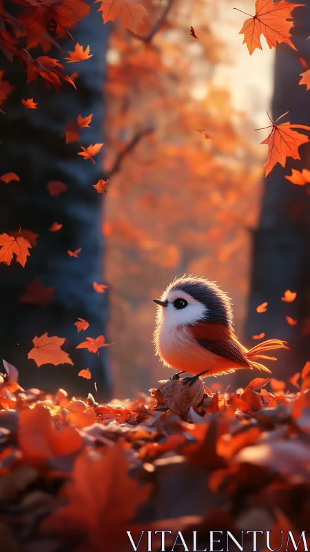 Small stylized bird among autumn leaves in soft forest light.