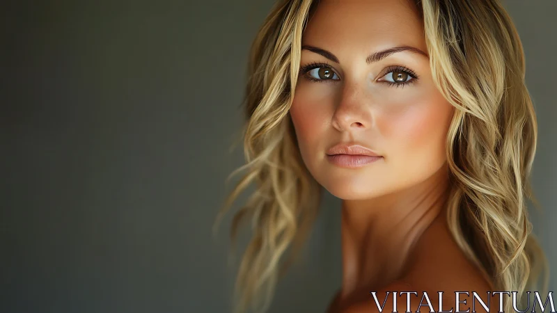 Close-up portrait of woman with wavy blonde hair, neutral.