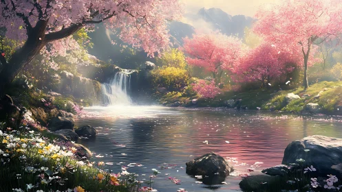 Digital painting of spring river, blossom canopy and cascade light.