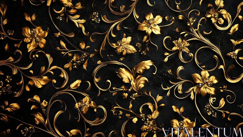 Ornate gold floral filigree pattern on dark textured background.