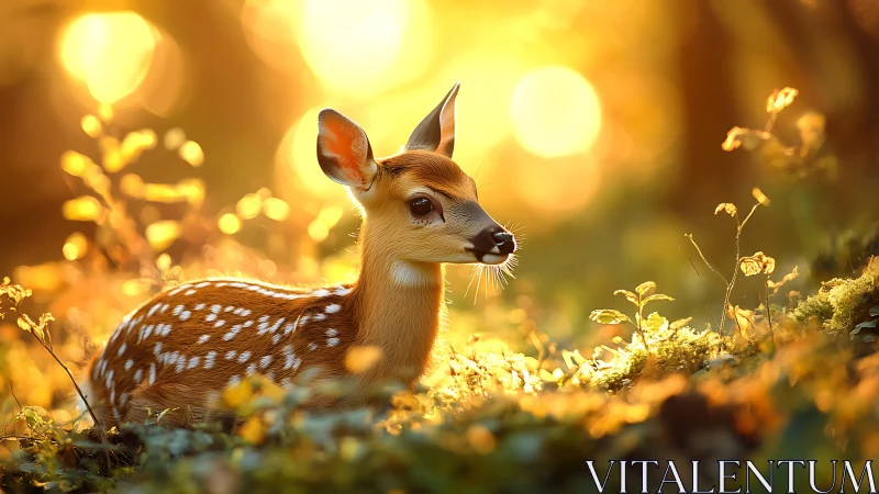 Sunlit forest fawn pauses where golden morning melts softly