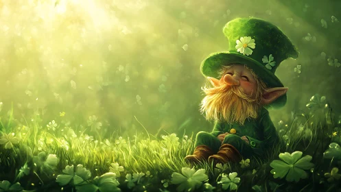 Leprechaun figure seated in sunlit clover meadow setting.