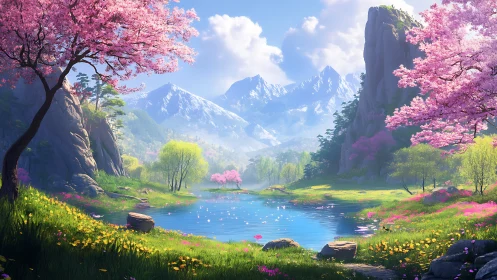 Digital spring valley lake beneath snowcapped peaks.