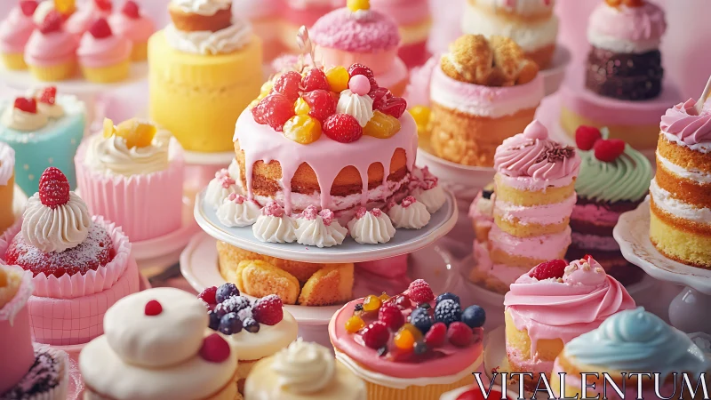 Arranged pastry collection with berries, frosting, and decorative embellishments on pink background